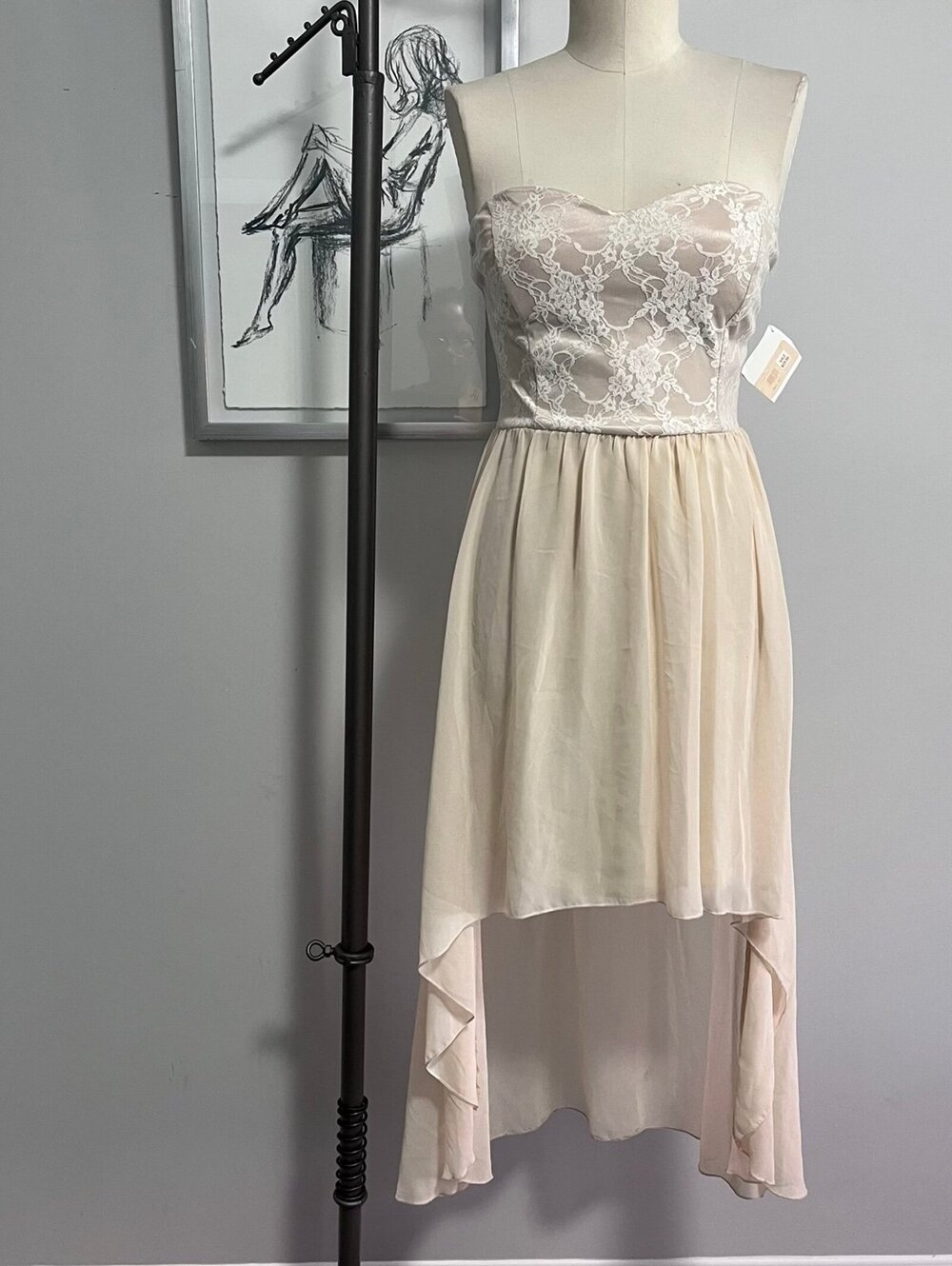 Formal Fairy Prom High Low Y2K Vintage USA Made Lace High-Low Dress Large Ivory